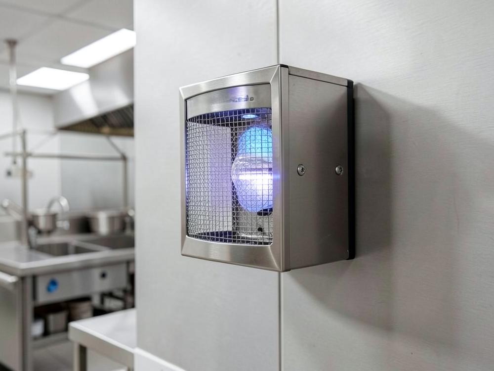 Wall-mounted stainless steel fly catcher unit in a commercial kitchen