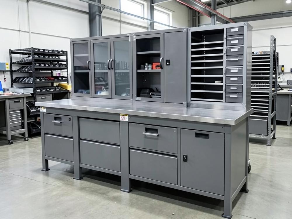 Heavy-duty steel industrial workbench with tool cabinets and storage racks in a workshop
