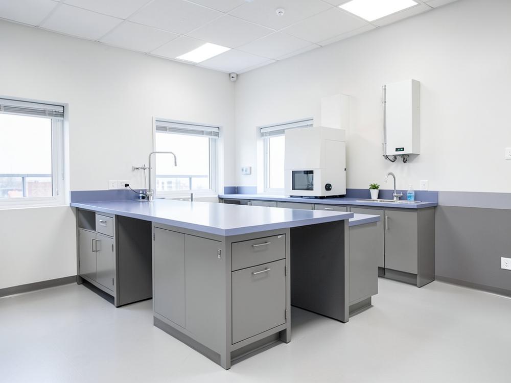 Laboratory module furniture with work surfaces, storage cabinets and sink in a clean laboratory