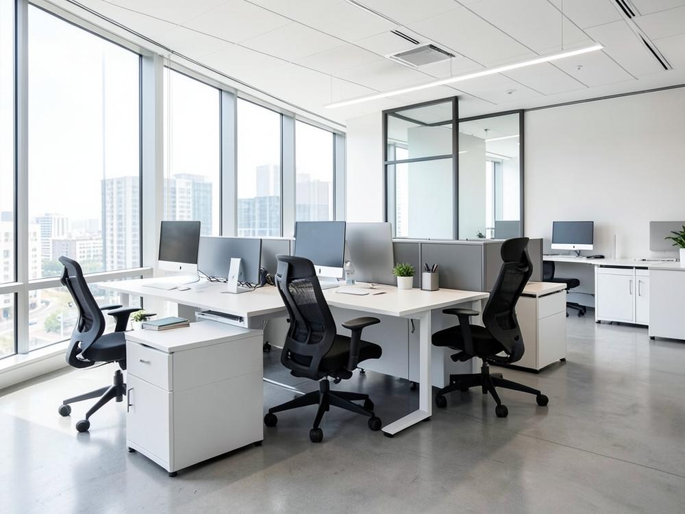 Modern office with desks, ergonomic chairs and storage units