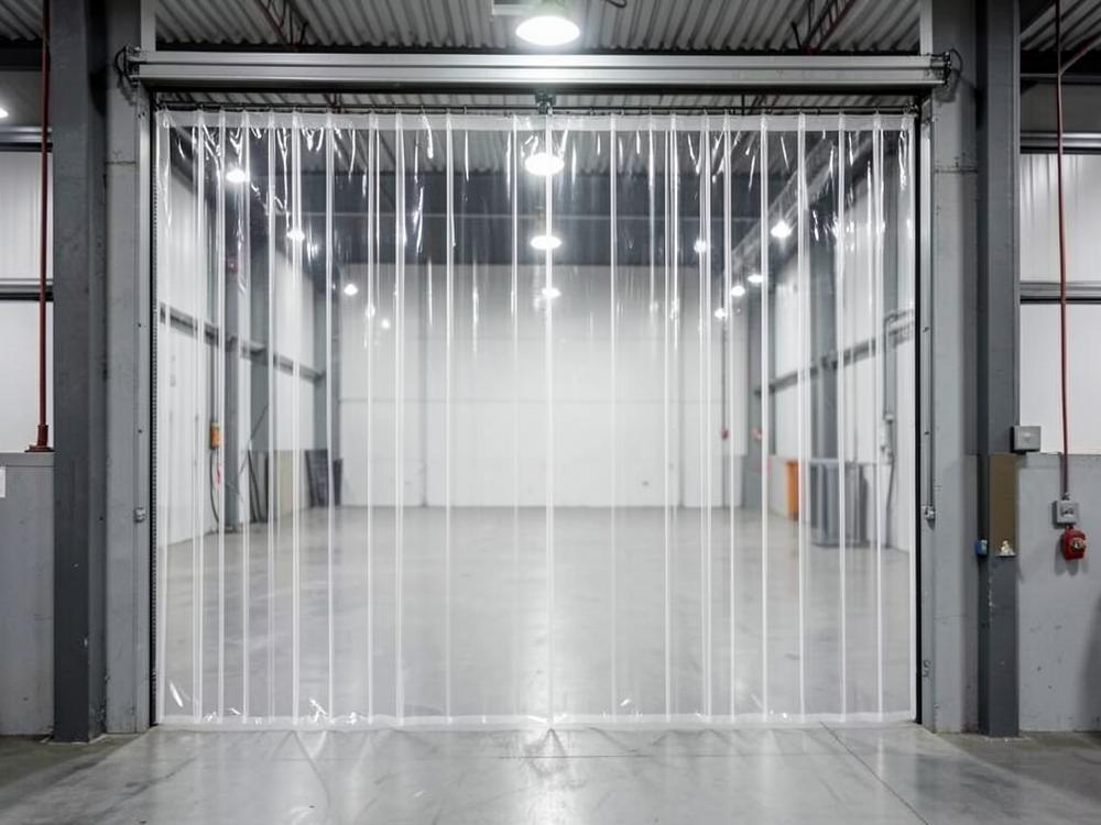 Transparent PVC strip curtain fitted to an industrial warehouse doorway