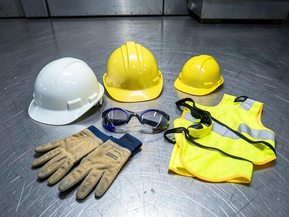 Workplace safety items including helmets, gloves, goggles and a high-visibility vest