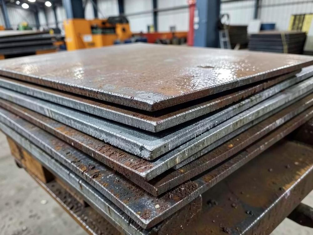 Stacked abrasion-resistant steel wear plates in an industrial facility