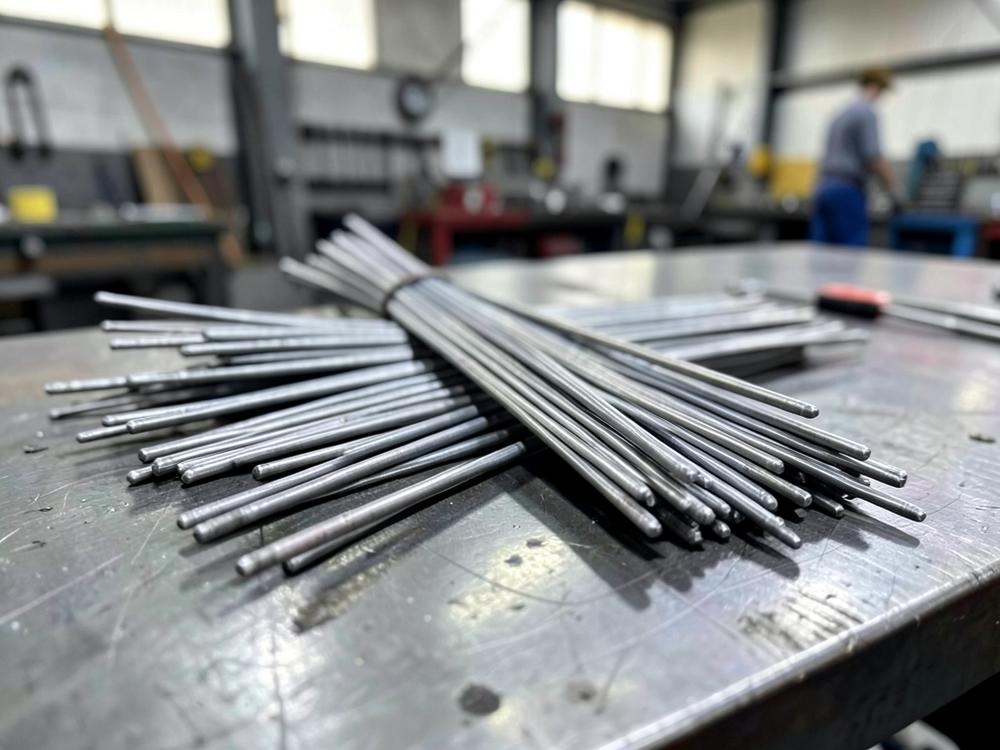 Bundle of welding electrodes on a steel workbench in a fabrication workshop
