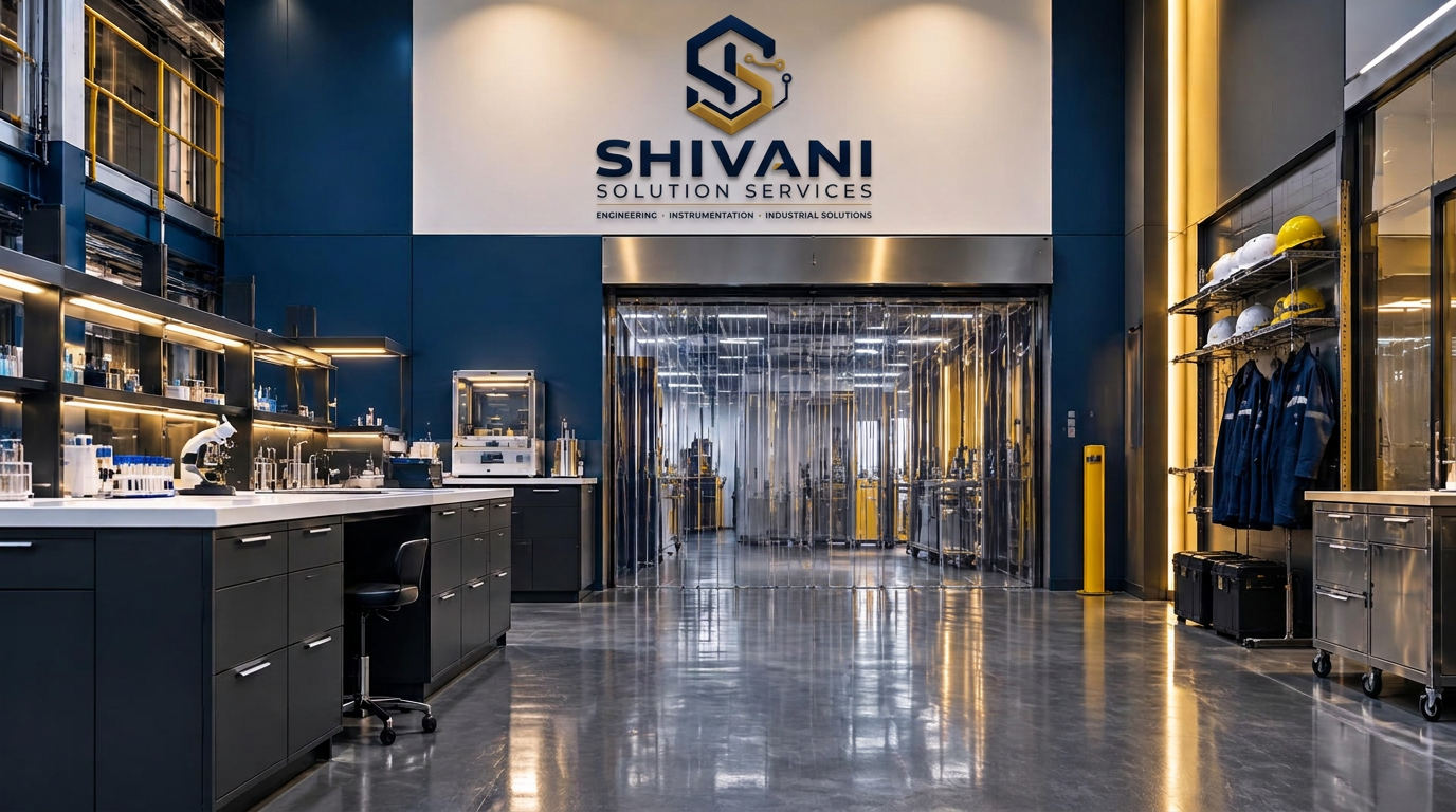 Shivani Solution Services branded laboratory and industrial workplace with lab benching, PVC strip curtain and air curtain