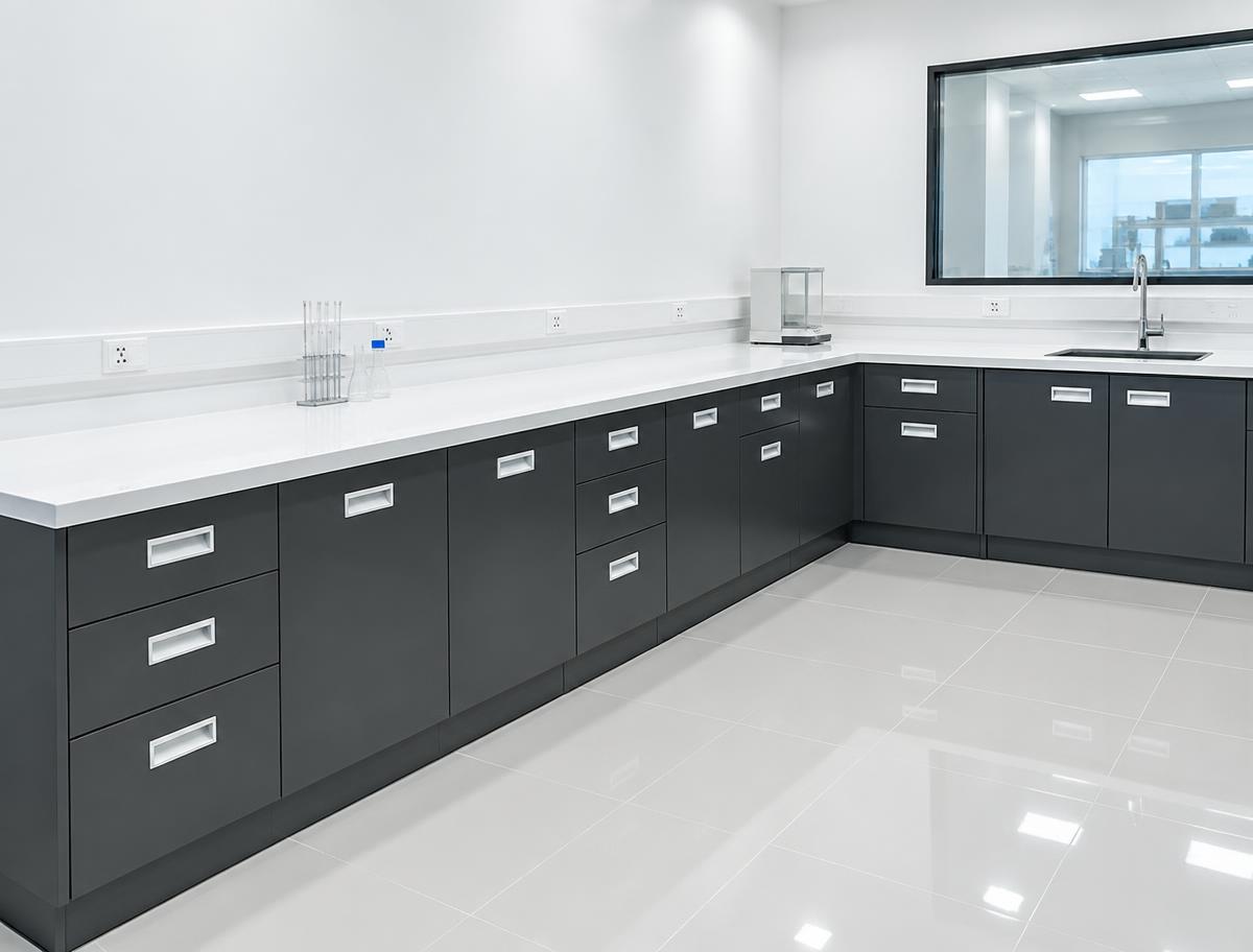 Continuous laboratory module run with grey steel base cabinets and a white work top along a laboratory wall