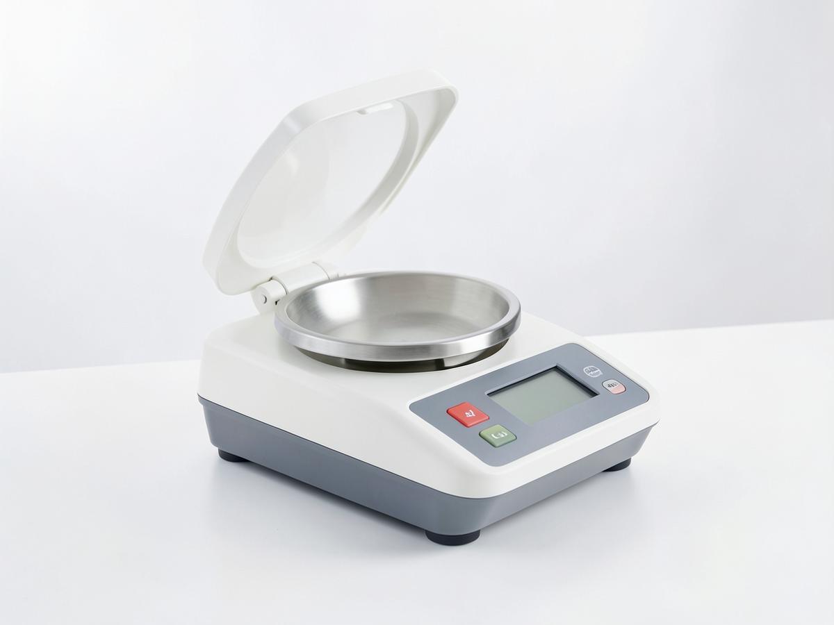 Compact benchtop moisture balance with open sample pan lid and digital display on a laboratory bench