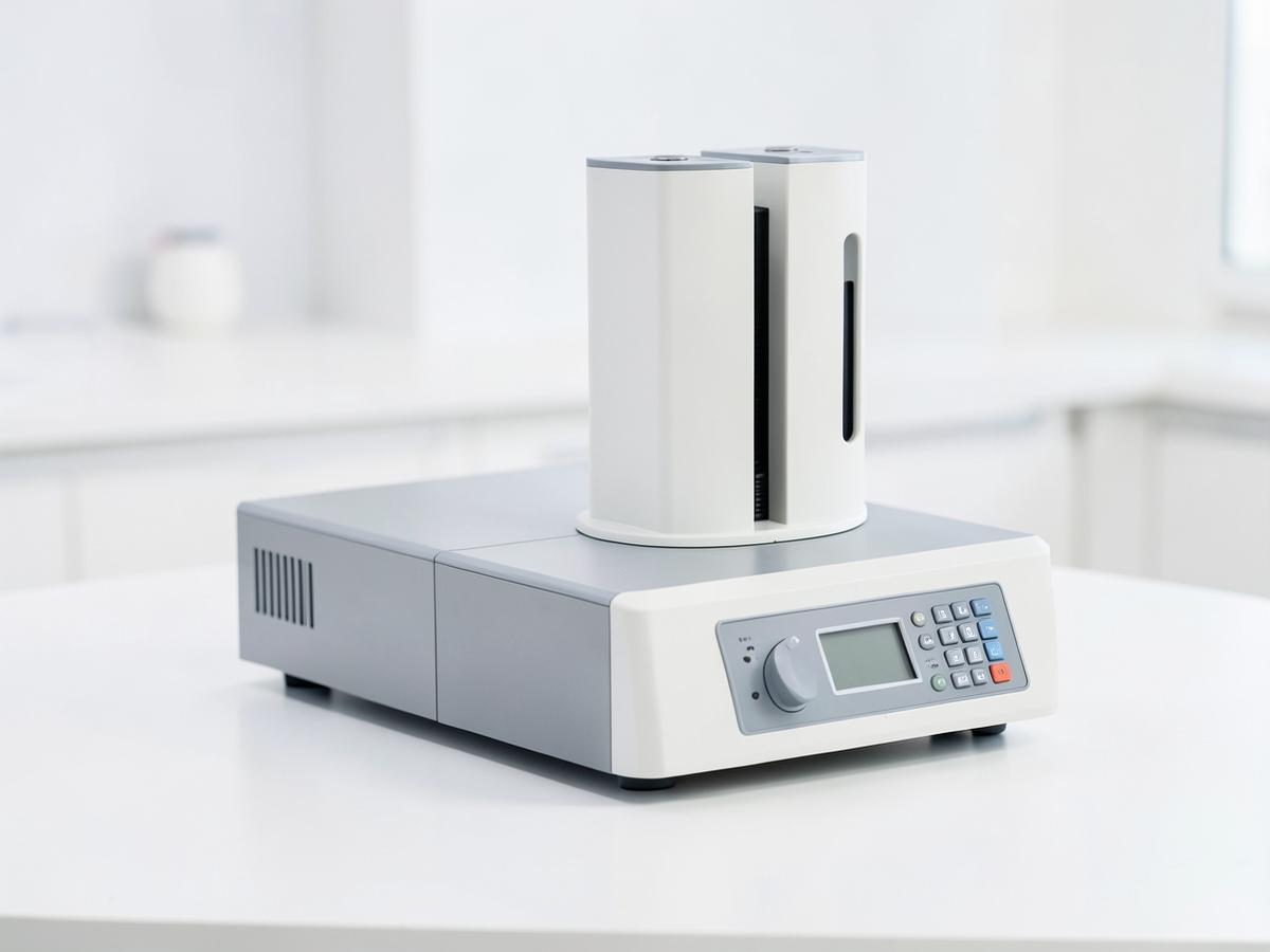 Benchtop UV-Visible spectrophotometer with control panel and display on a clean laboratory bench